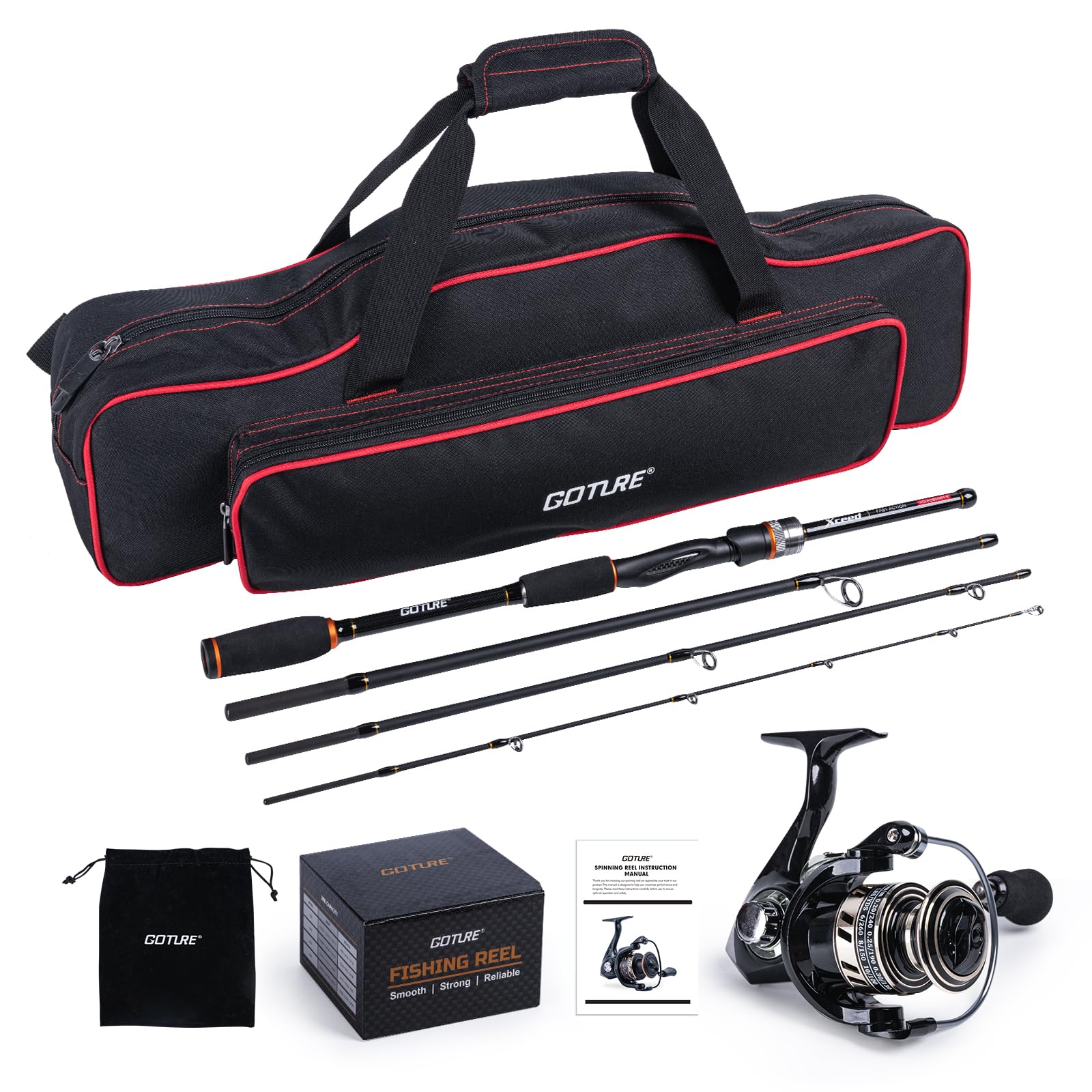 Fishing Rod Combo - ชุดคันเบ็ดและรอกตกปลาแบบพกพา Goture พร้อมกระเป๋าเดินทาง, คันเบ็ดขนาด 1.98-2.1 เมตร,
